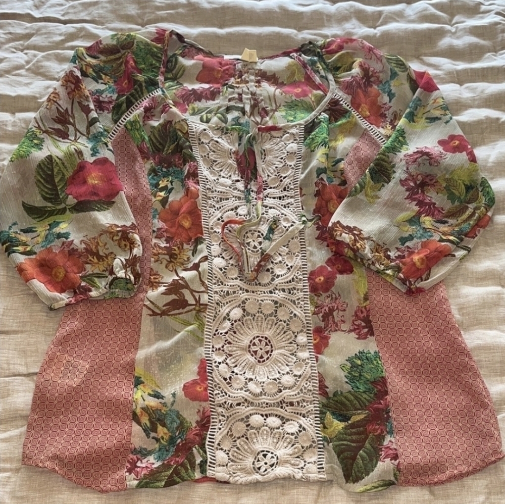 Anthropologie Meadow Rue Roselle Floral Print Semi-sheer Lace Blouse, Sz Small  - Picture 3 of 13